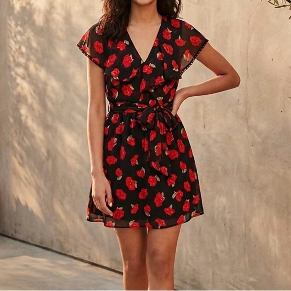 Zara Red and Black Flutter Sleeve Mini Dress